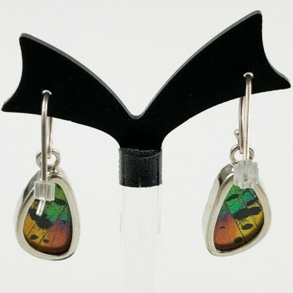 Reversible Sterling Silver Iridescent Butterfly Wing Drop Dangle Hook Earrings - Picture 4 of 5